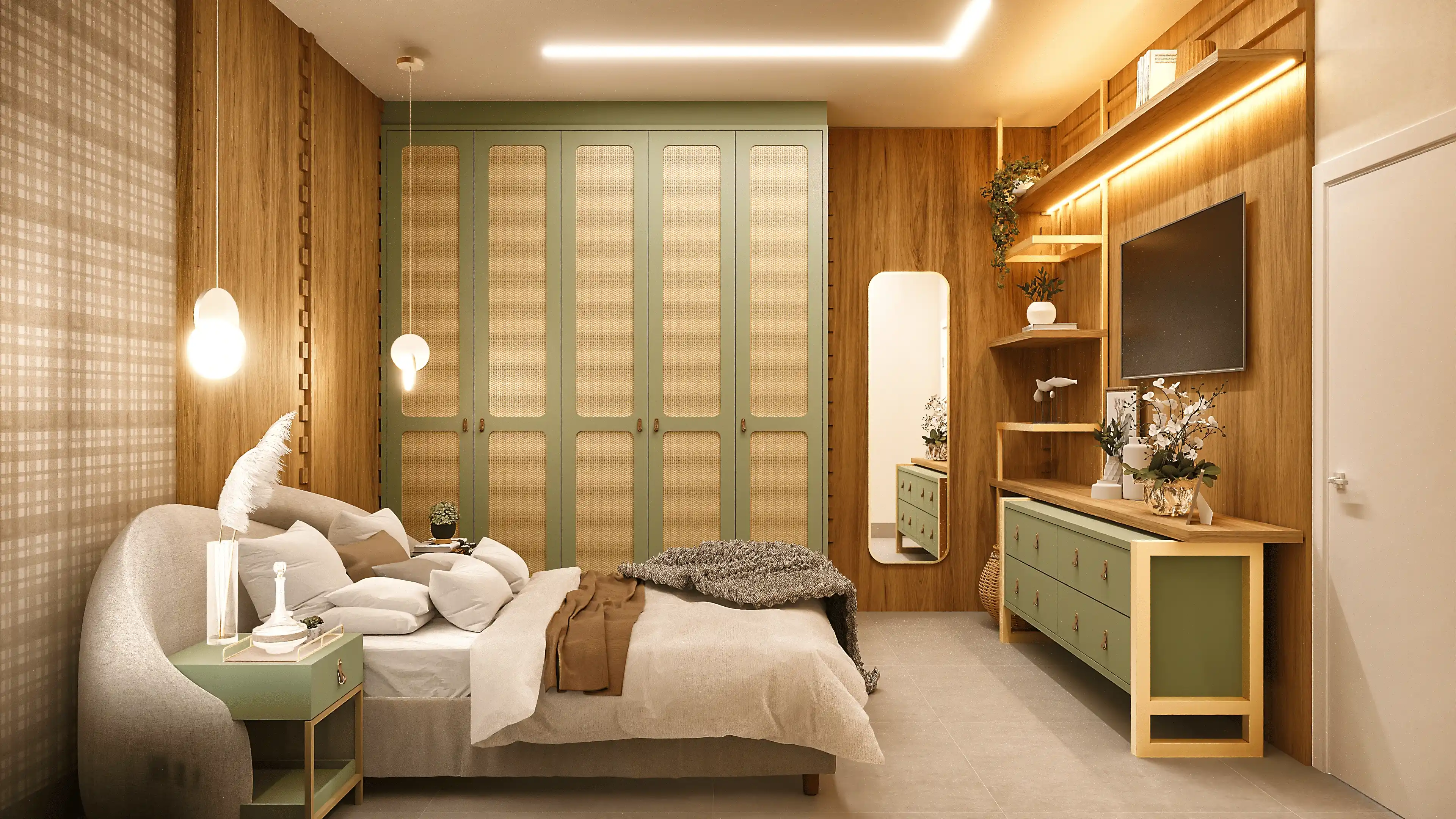 Projeto de sala com aparador de madeira, espelho e cadeiras claras.