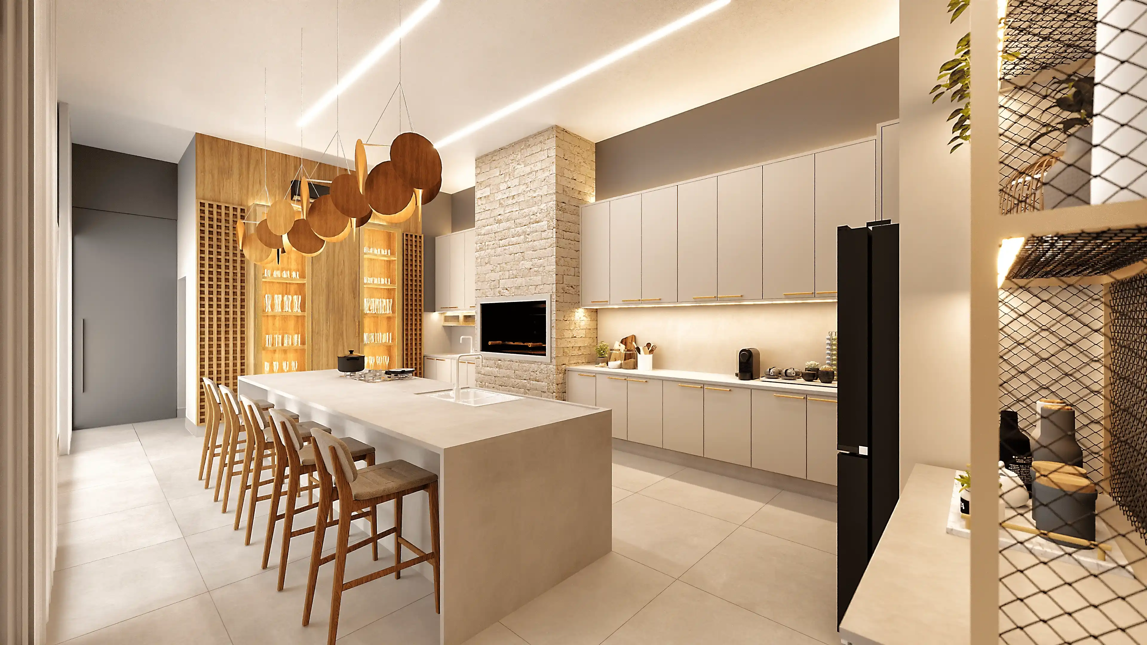 Projeto de sala com aparador de madeira, espelho e cadeiras claras.