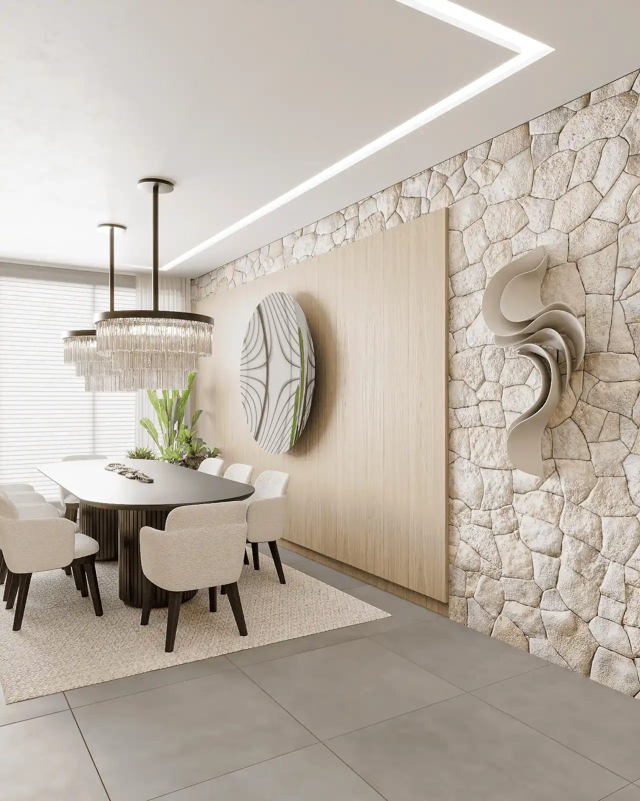 Projeto de sala com aparador de madeira, espelho e cadeiras claras.