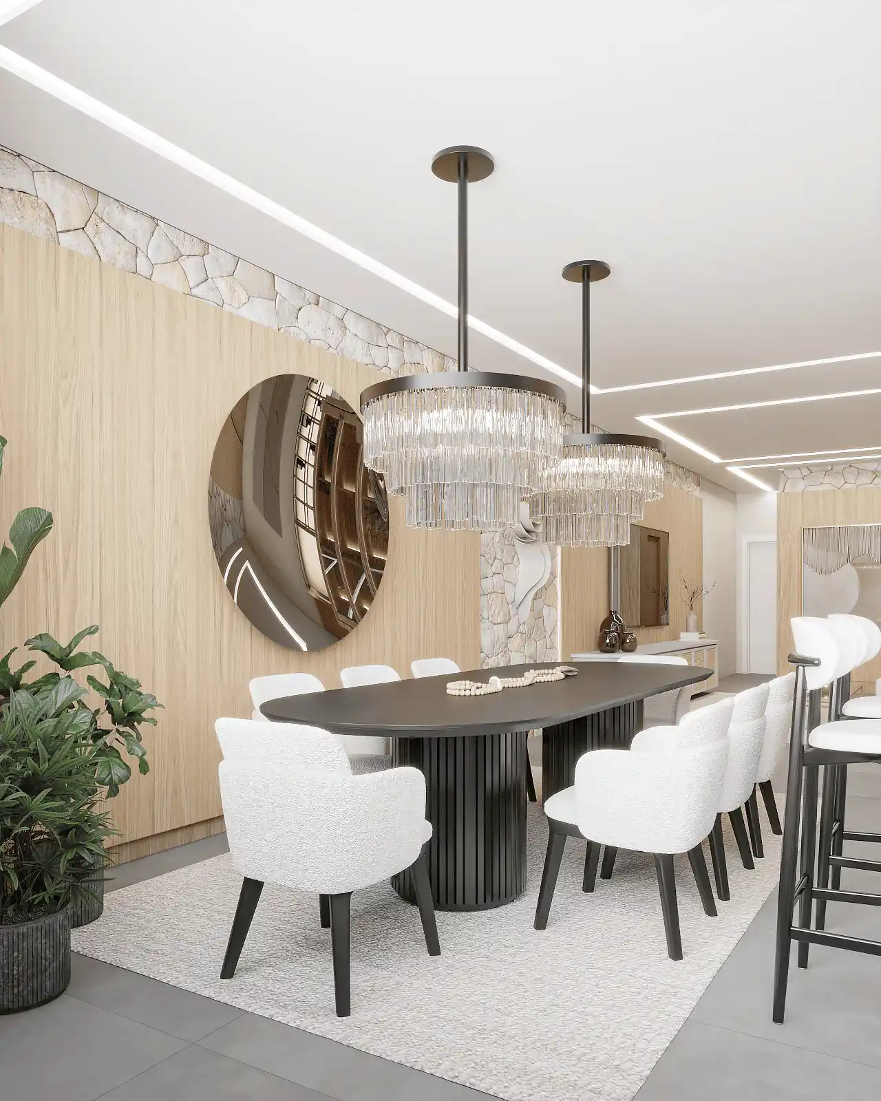 Projeto de sala com aparador de madeira, espelho e cadeiras claras.