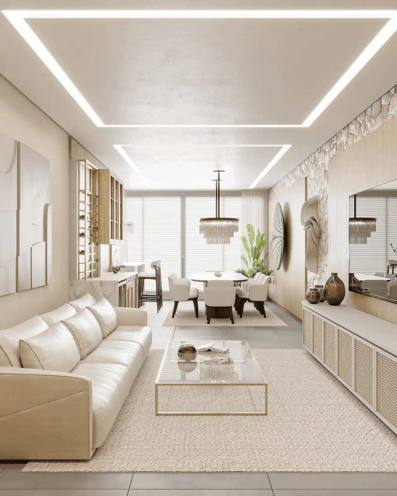 Projeto de sala com aparador de madeira, espelho e cadeiras claras.