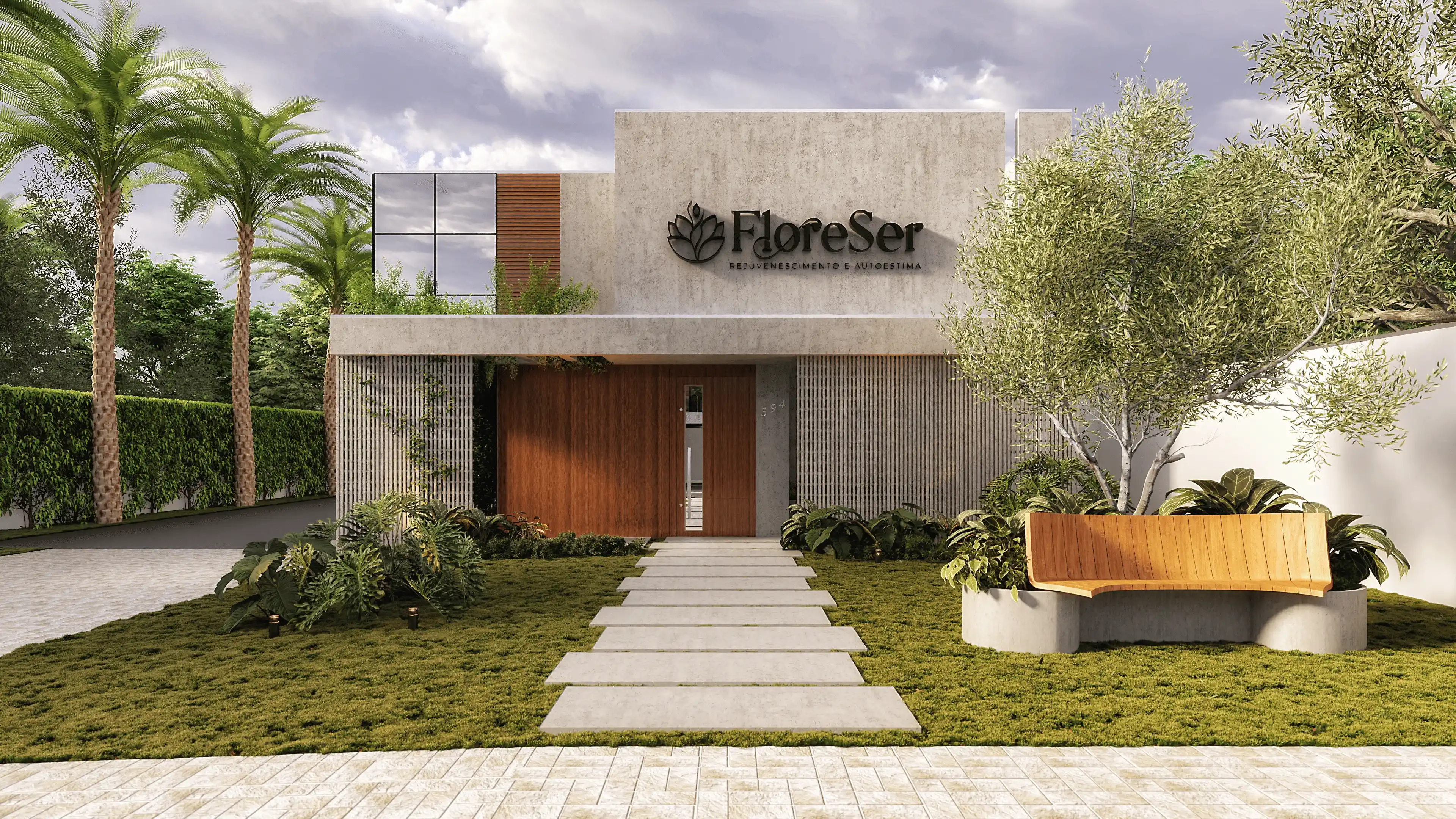 Projeto de sala com aparador de madeira, espelho e cadeiras claras.