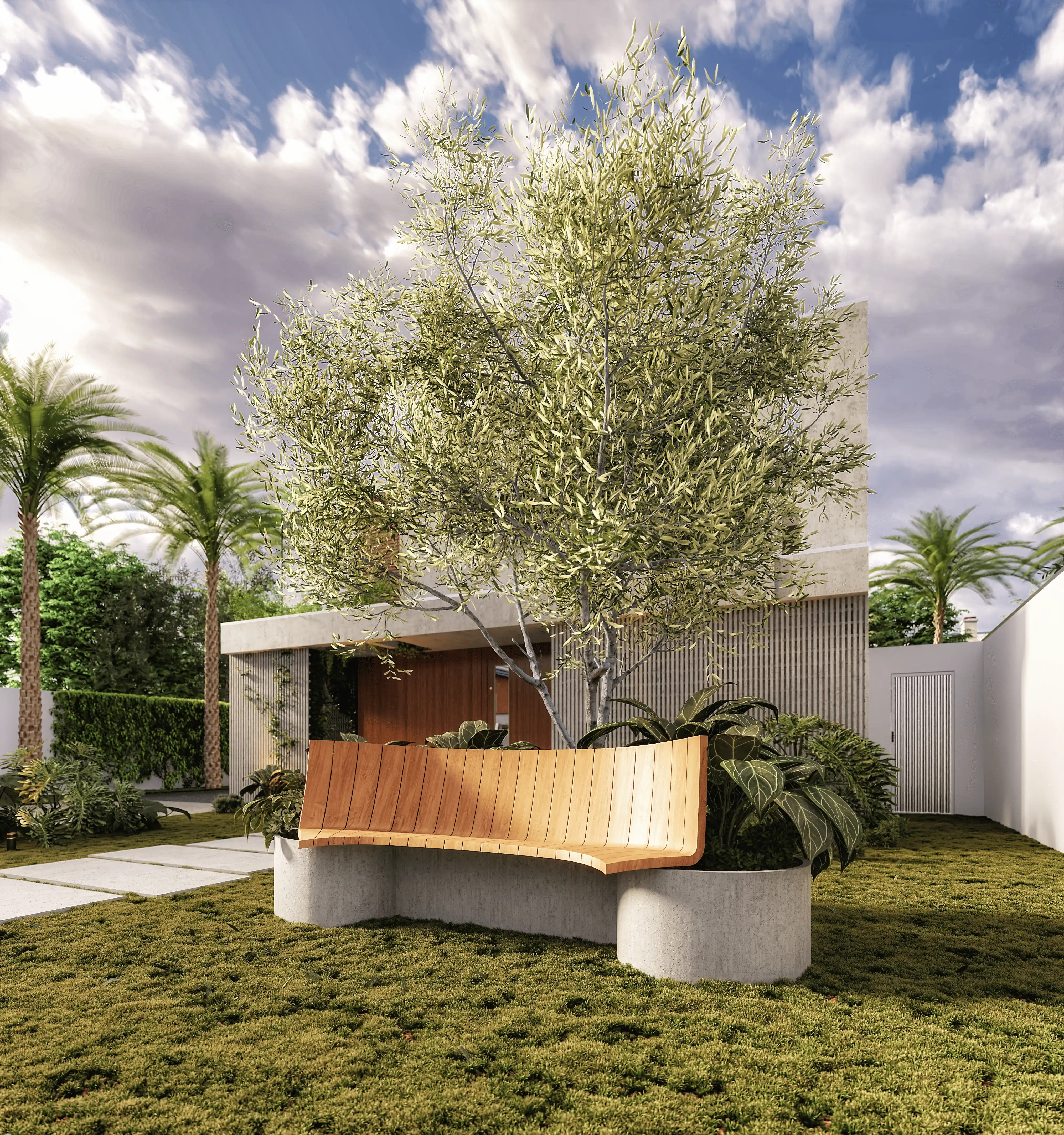 Projeto de sala com aparador de madeira, espelho e cadeiras claras.