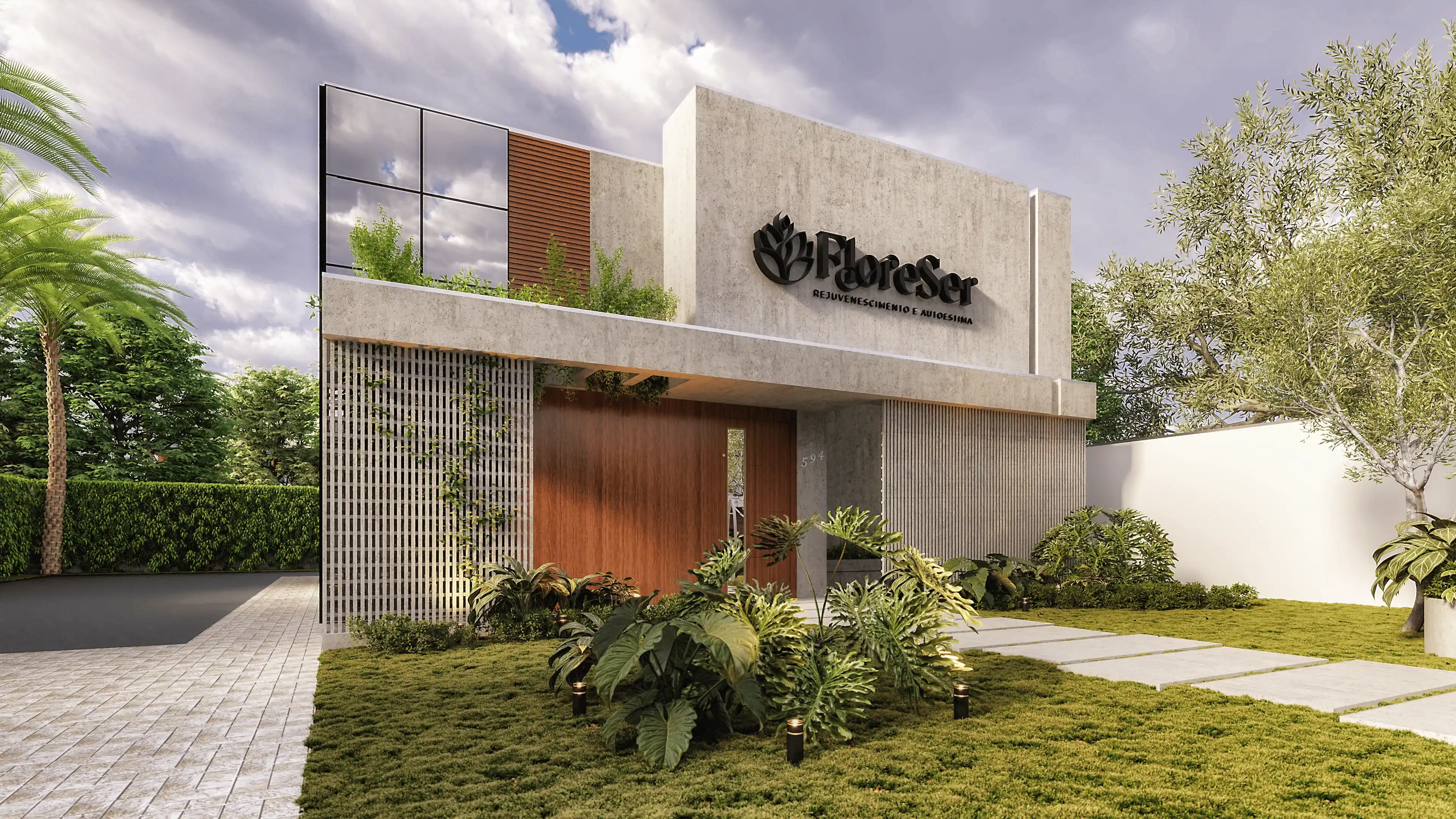 Projeto de sala com aparador de madeira, espelho e cadeiras claras.