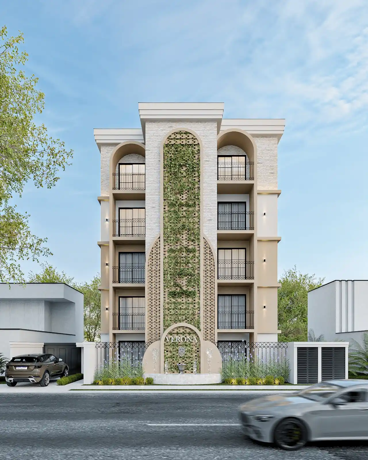 Projeto de sala de estar moderna com poltronas cinzas e mesa de centro redonda.